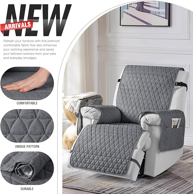 TAOCOCO 100% Waterproof Recliner Cover - Recliner Cover with Non-Slip Granule, Recliner Chair Covers with Elastic Band, Recliner Chair Covers for Reclining Chair(Dark Grey, Small-22'')