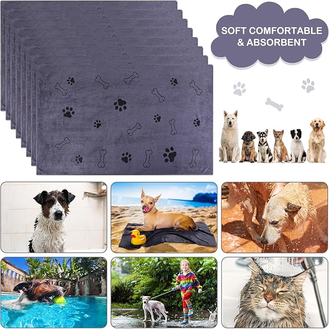 8 Pcs Dog Towels for Drying Dogs Cats Pet Towels Bulk Puppy Microfiber Quick Drying Paw Bath Bathing Supplies Absorbent for Medium Pets(Gray,55 x 28 Inch)