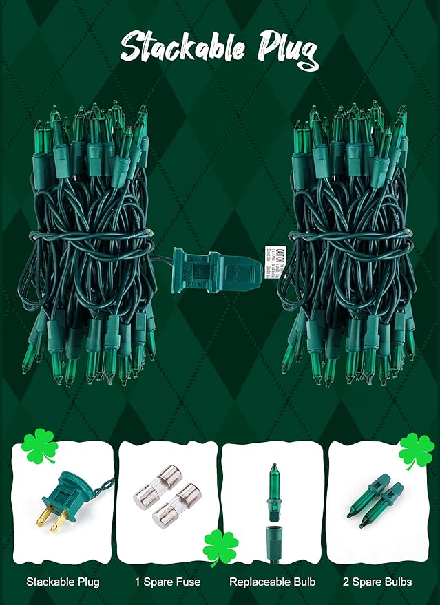 St. Patrick Mini String Lights, 50 Count 12 Feet Incandescent Bulb St Patrick Day Lights, Waterproof Green Lights for Indoor Xmas Tree Garland Birthday Wedding Party Festival Decoration, Green Wire