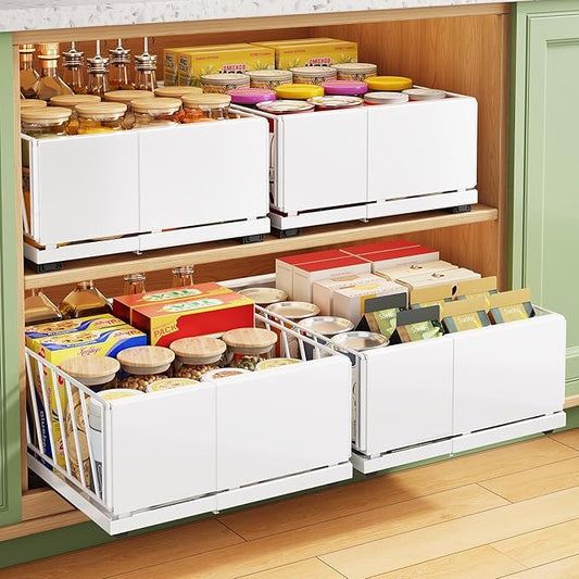 Pull out Cabinet Organizer, 1-Pack Expandable Width(9.8"-13.8") Heavy Duty Slide out Drawers with Raising Pad for Framed Cabinets, Adhesive Roll Out Shelves for Pantry, Kitchen,Bathroom Storage(White)