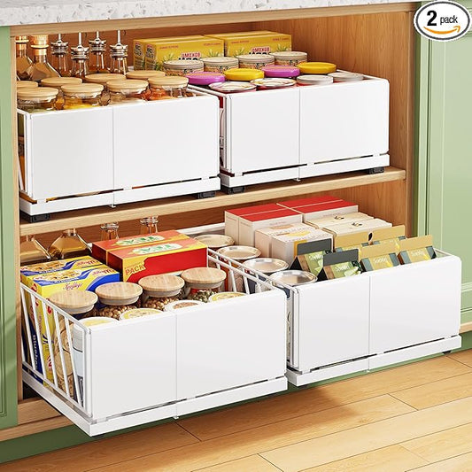 Pull out Cabinet Organizer, 2-Pack Expandable Width(9.8"-13.8") Heavy Duty Slide out Drawers with Raising Pad for Framed Cabinets, Adhesive Roll Out Shelves for Pantry, Kitchen,Bathroom Storage(White)