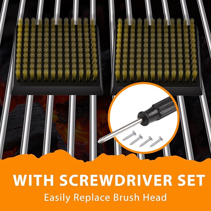 2-Pack Copper Wire Grill Brush Replacement Heads, Grill Brush and Scraper Replacement Head with 8 Screws & Screwdriver, BBQ Cleaning Replacement Brush Head with Protective Cover & for Most Grill