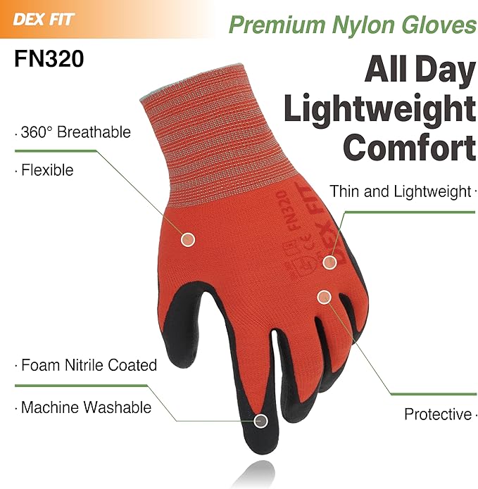DEX FIT Premium Nylon Work Gloves FN320 - Firm Nitrile Grip, 3D-Comfort Stretchy Fit, Thin & Lightweight, Protective & Durable, Breathable, Machine Washable; Red 6 (XS) 3 Pairs