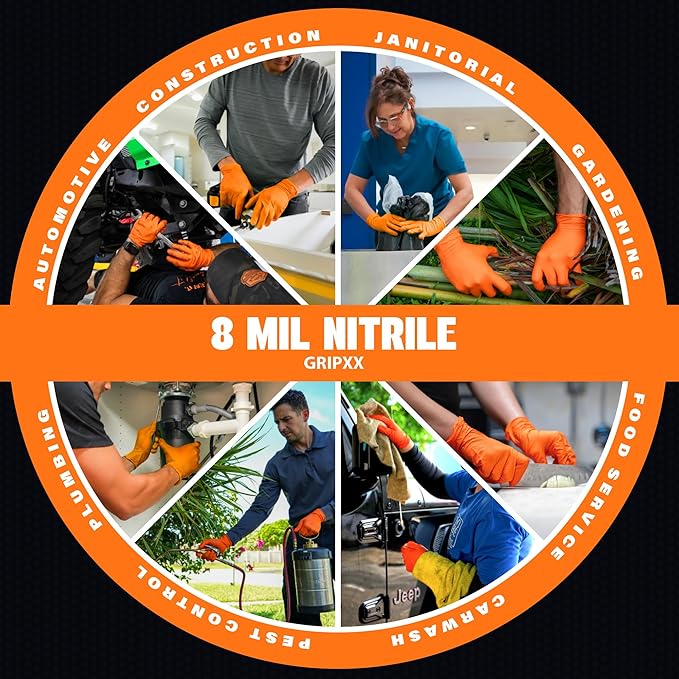 Herkules Grip Heavy Duty 8Mil Orange Nitrile Gloves,3D Raised Diamond Texture-Latex & Powder Free-Industrial, Mechanic (2, XX-Large)