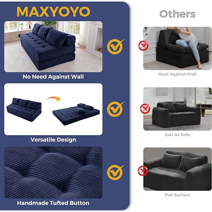 MAXYOYO Folding Sofa Couch, Convertible Floor Sleeper Couch with 3 Pillows, Tufted Floor Oversized Loveseat Couch Tufted Fold Out Chair Bed Comfy Sofa Lounge for Living Room Bedroom, Navy