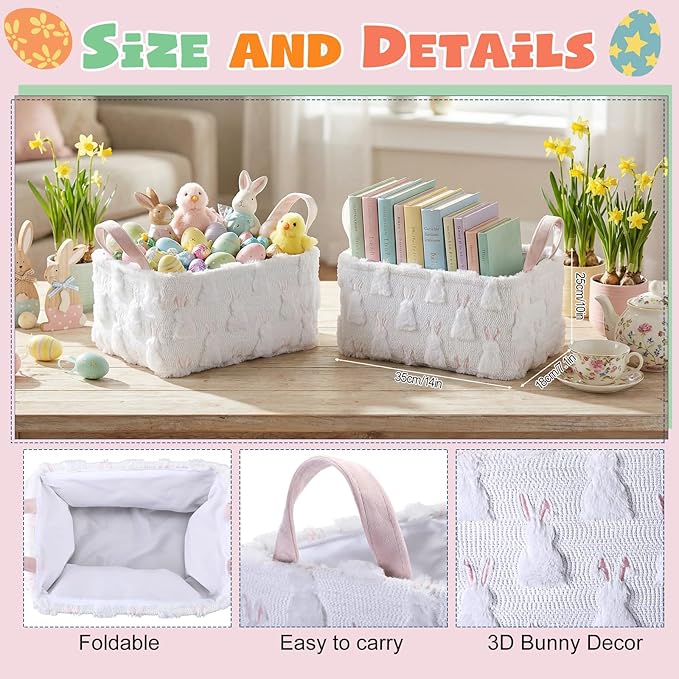 3 Pcs Storage Baskets 14x10 Inch Foldable Fabric Storage Bin with Handle Decorative Closet Bins Organizer for Home Office Laundry Countertop Tabletop Car(Bunny)