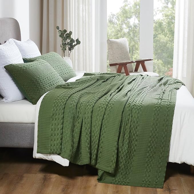 VHC Brands 100% Cotton Waffle Weave Queen Blanket 90"x90", Decorative Lightweight Spring and Summer Throw Blanket, Bedroom Decor for Bed, Couch, or Sofa, Olive Green