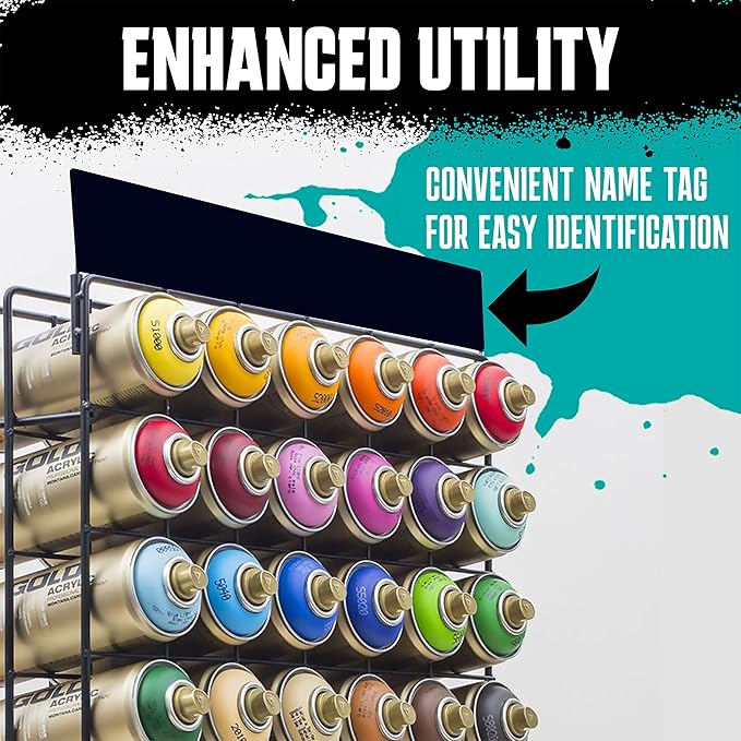 TidyFriend Metal Spray Can Holder 17.3 x 13.4 x 5.3 Inches - Matte Black Spray Bottle Holder Wall Mount, Graffiti Art Supplies Organizer with a Removable Name Board (Black)