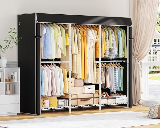 E14C Pro Heavy Duty Closet Organizer System，Freestanding Clothing Racks for Hanging Clothes，Adjustable Garment Rack 70.1"W × 16.6"D × 76.4"H Hold 960 lbs，White Rack with Black Dustproof Cover
