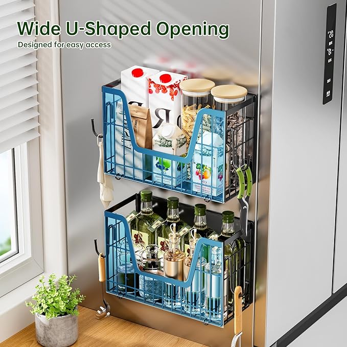 Heavy Duty Magnetic Shelf Basket for Fridge(2-Pack), Foldable Magnetic Storage Basket, No Assembly Space Saving Fridge Organizer for Fruits, Veggies, Snacks & Laundry