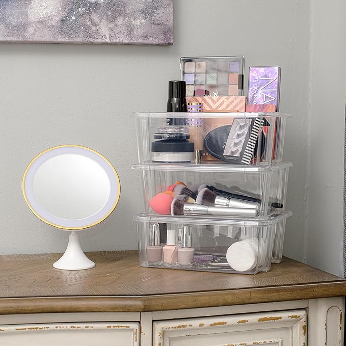 Best Kept Clear Plastic Storage Bins, Stackable Open Square Organizers for Home, Vanity, Cosmetics & Makeup Display, 3-Pack (No Lids)