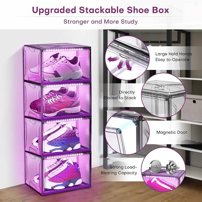Shoe Storage Organizer for Closet, Foldable Shoe Boxes Rack 2 pack, Clear Plastic Stackable Containers Bins Holder, Magnetic Sneaker Shelf for Sneakerheads with LED Lights Grey