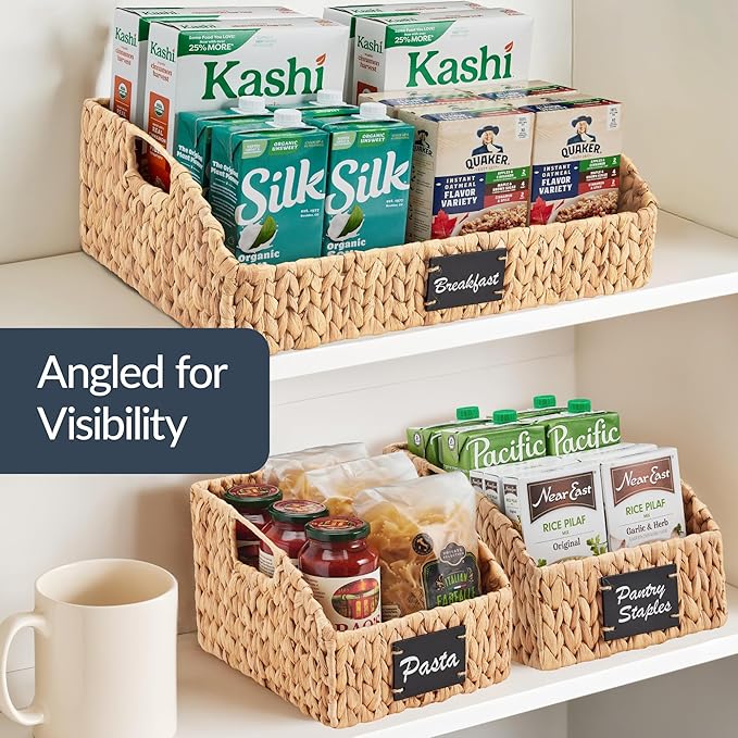 Best Choice Products Natural Hyacinth Angled Pantry Storage Baskets, Large Woven Wicker Storage Bins w/Handles, Storage Container Baskets for Shelves, Chalkboard Label & Marker (Set of 3) - Natural