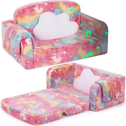 Extra Wide Kids Couch, Kids Sofa, Toddler Sofa, Glow in The Dark, 2-in-1 Soft Toddler Couch with Blanket and Pillow, Pink