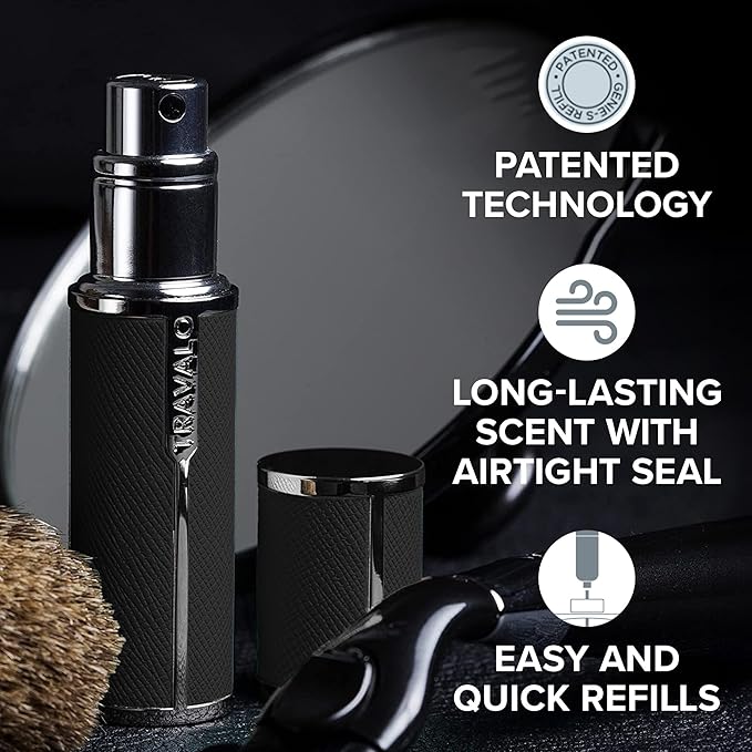Milano Perfume Atomizer - Leak-Proof and TSA Approved for Air Travel - Reusable, Airtight, Easy Fill Mini Pump Sprayer - Lightweight Vegan Leather with Polished Metal Outer Shell - Black