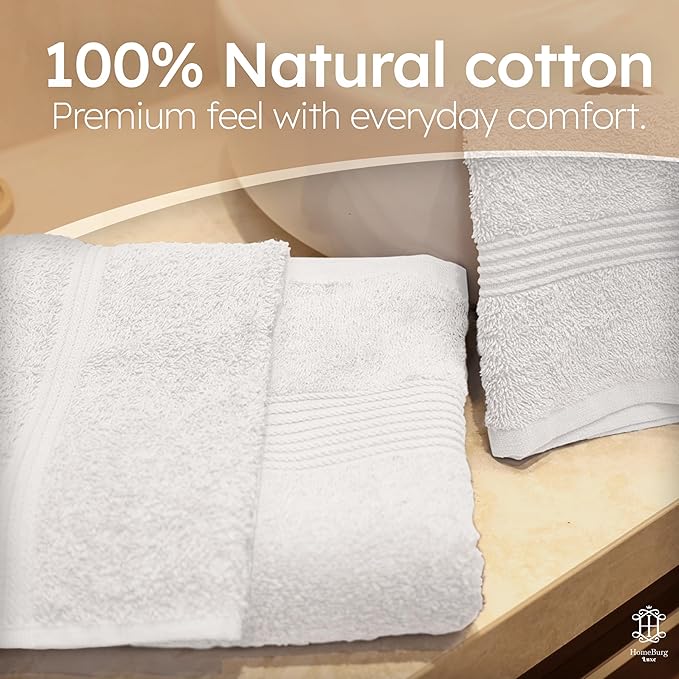 Luxe Set – Washcloths (30 x 30cm), Hand Towels (40 x 70cm) & Bath Towels (65 x 137 cm) – 100% Cotton, Soft, Absorbent, Easy Care, Versatile, (White)