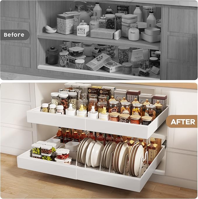 2 Pack Pull out Cabinet Organizer 21" Deep With Raising Pad for Framed Cabinets,Expandable (15.2"-26.3"W) Slide out Drawers for Kitchen Cabinets with 4pcs Divider Racks,Roll out Shelves,White