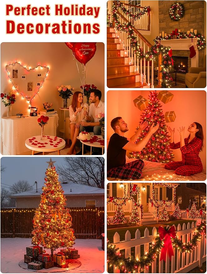 Hopolon Red and Warm White Christmas Lights，2PACK 50Count 13FT Mini Lights Connectable Christmas String Light Xmas Tree Light Incandescent Plug in Waterproof for Home Yard Party Wedding Holiday Decor
