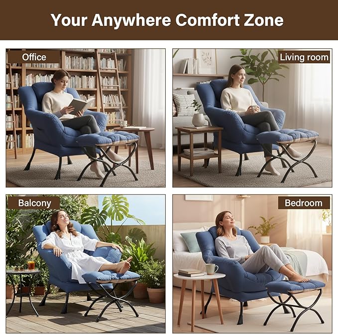 Welnow Lazy Chair with Ottoman, Modern Lounge Accent Chair with Armrests and a Side Pocket, Leisure Sofa Armchair, Reading Armchair with Footrest for Small Space, Royal Blue