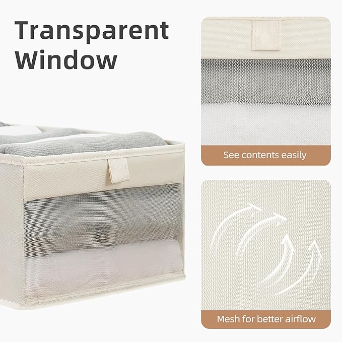 STORAGE MANIAC 4 Pack Storage Bins with Clear Window, Storage Boxes for Shelves, Sturdy Foldable Closet Organization Fabric Shelf Basket for Toy, Towel, Book, Jeans, Offices, Dorm, Wardrobe, Beige