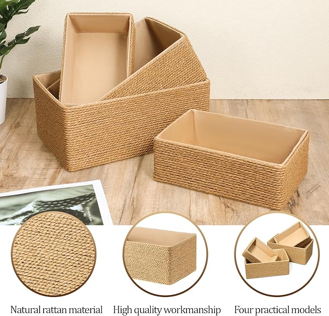 4 Set Wicker Storage Basket Hand Woven Paper Rope Storage Baskets Decorative Fruit Basket Stackable Wicker Baskets for Shelves Drawer Cupboards Organizing