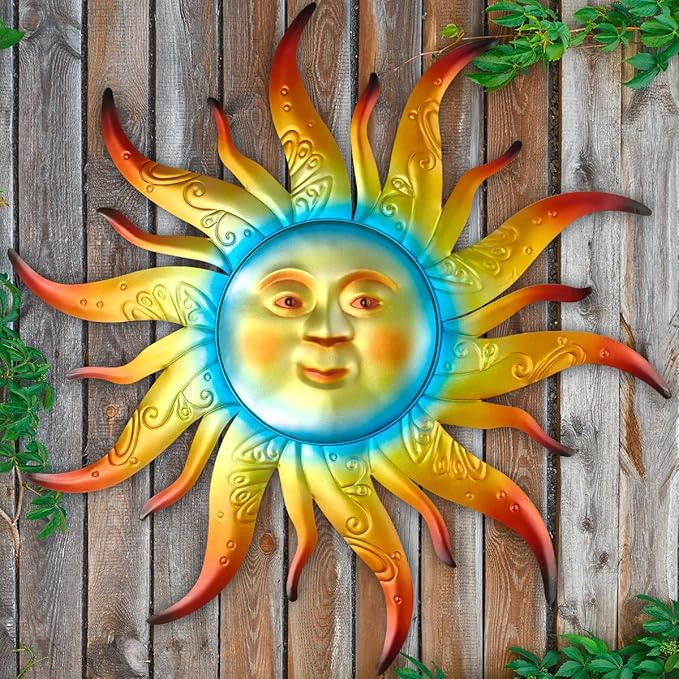 Large Metal Sun Wall Art Decor - 23.6 inches Outdoor Wall Decor,Sun Face Sculpture for Garden Farmhouse Yard Patio Fence Living Room Bedroom Gift Idea for Family Friends