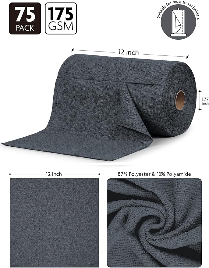Fantasticlean Microfiber Towels Bundle, 75 Sheets Tear Away Cleaning Cloth Roll, 2 Pack Premium Drying Towel, for Home, car, Outdoor