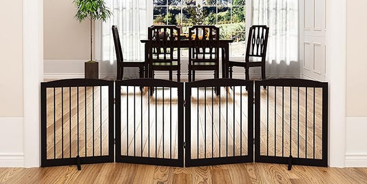 Freestanding Pet Gate for Dogs, Foldable Wooden Dog Gate for House, Indoor Dog Gate for Stair, Doorway, Gates for Dogs Indoor, 80 Inch Wide, 4 Panels 24",Brown