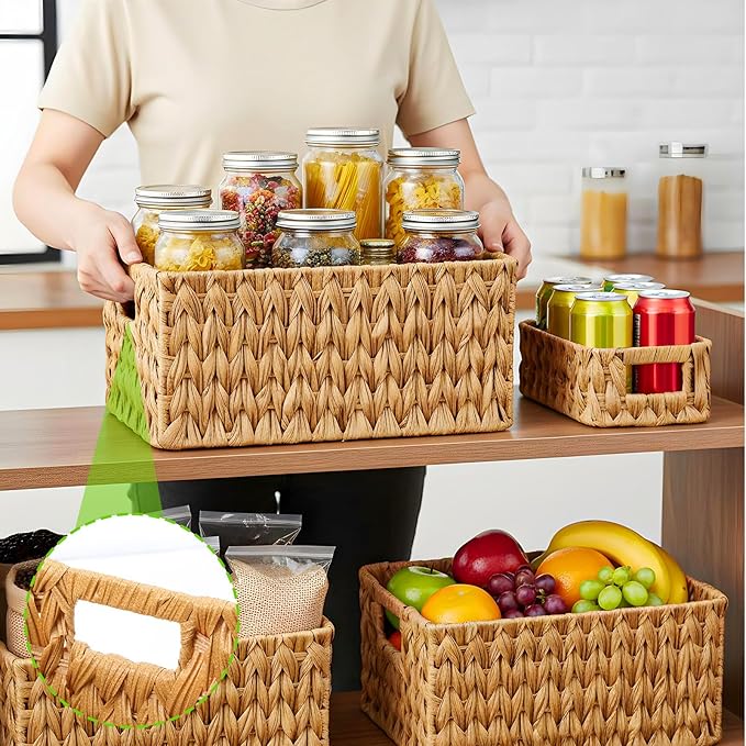 3 Pcs Plastic Water Hyacinth Wicker Baskets, 2 Sizes Large Rectangular Woven Storage Baskets with Handles for Home Organizing