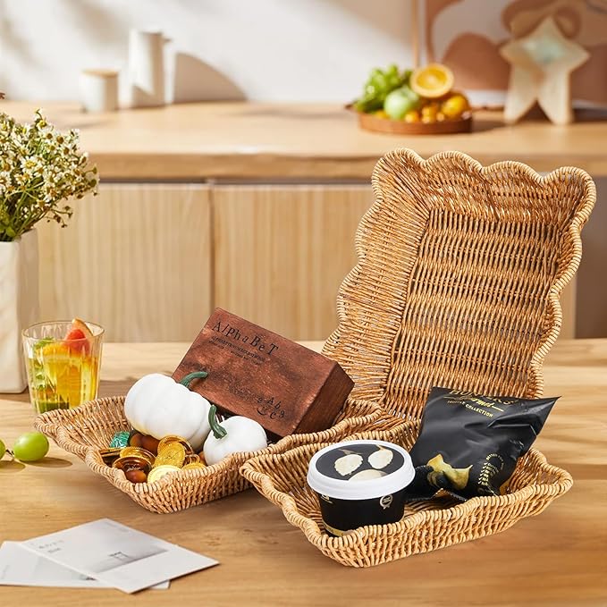 Jucoan 3 Pack Poly Wicker Bread Baskets, Imitation Rattan Fruit Baskets, Rectangular Tabletop Woven Serving Baskets Trays for Fruits Vegetables and Snacks, Restaurant Hotel Kitchen