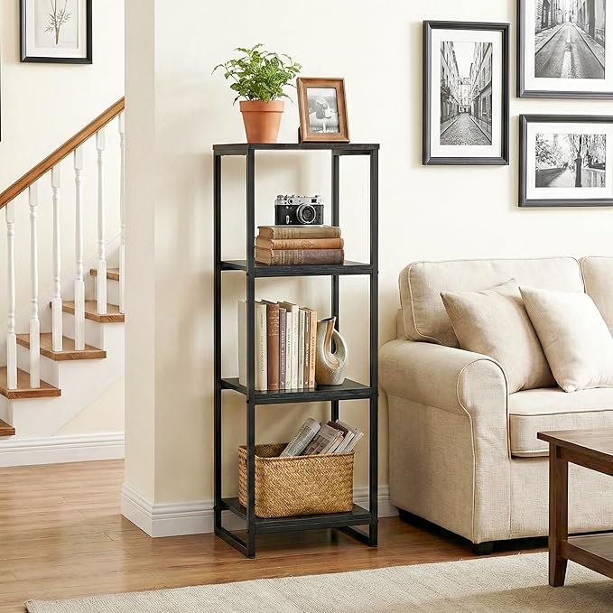 4-Tier Bathroom Shelving Unit, 33.7" H Narrow Open Floor Shelves, Metal Corner Slim Storage Rack for Bathroom Laundry Room Kitchen Living Room, Black