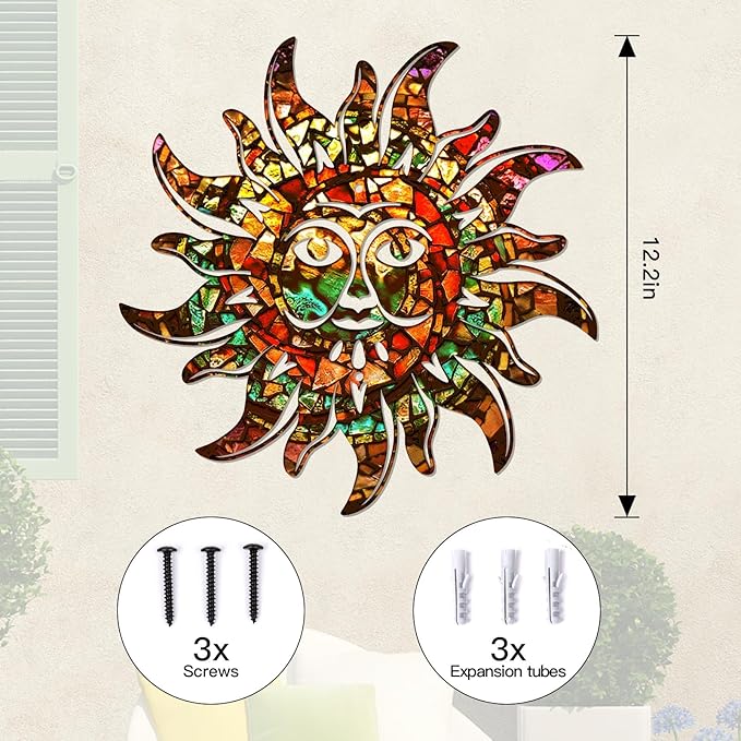 KOYILTD Unique Sun Metal Wall Art Outdoor Decor or Indoor Decor Multicolor and Rust Proof Wall Sculpture Farmhouse Metal Decorative Wall Art for Bedroom Living Room Garden Patio Pool (12 in, Sun A)