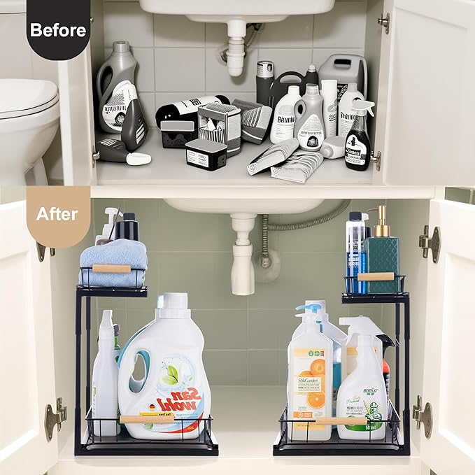 Under Sink Organizer, 2-Tier Pull-Out Cabinet Storage Shelf, Multi-Purpose Storage Racks, Metal Slide Out Drawer for Kitchen Bathroom Pantry Laundry Bedroom Closet, Black