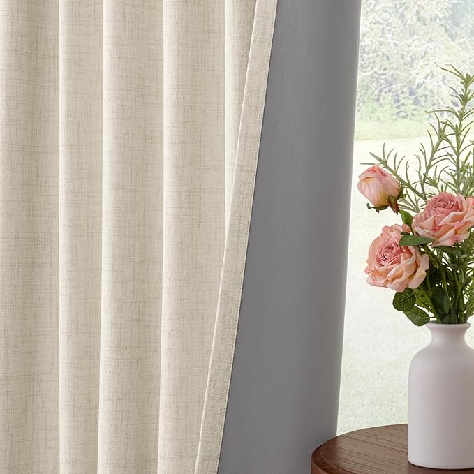 INOVADAY 100% Blackout Curtains for Bedroom, Black Out Curtains 90 Inch Long, Clip Rings Linen Blackout Drapes, Thermal Insulated Room Darkening for Living Room, 1 Panel - Cream,W102xL90