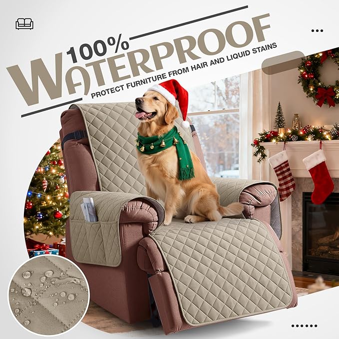 KinCam 100% Waterproof Recliner Chair Cover, Reclining Couch Covers for Pets, Dogs, Recliner Couch Slipcover Furniture Protector with Elastic Straps for Kids(30", Khaki)