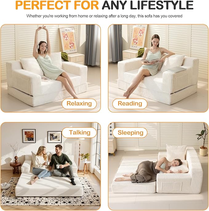 Convertible Sofa Bed, Loveseat Folding Floor Futon Sleeper Sofa Couch Bed- Boneless Foldable Couch, Corduroy Pull Out Sofa Bed with 2 Pillows for Living Room & Bedroom