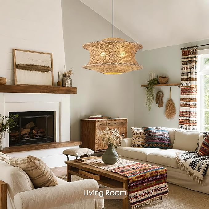 18" Boho Rattan Pendant Light Fixture, Large Woven Hanging Ceiling Lamp, Natural Farmhouse Chandelier for Dining Room, Kitchen Island, Living Room, Entryway, Rustic Foyer Lighting