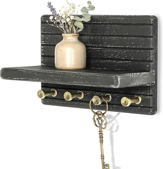 Rebee Vision Pine Wooden Key Holder Wall Mount for Home Decor – 7-inch Key Rack for Wall with 4 Sturdy Hooks & Mini Floating Shelf - Ideal Apartment Essentials for Home and Kitchen (Old Black)