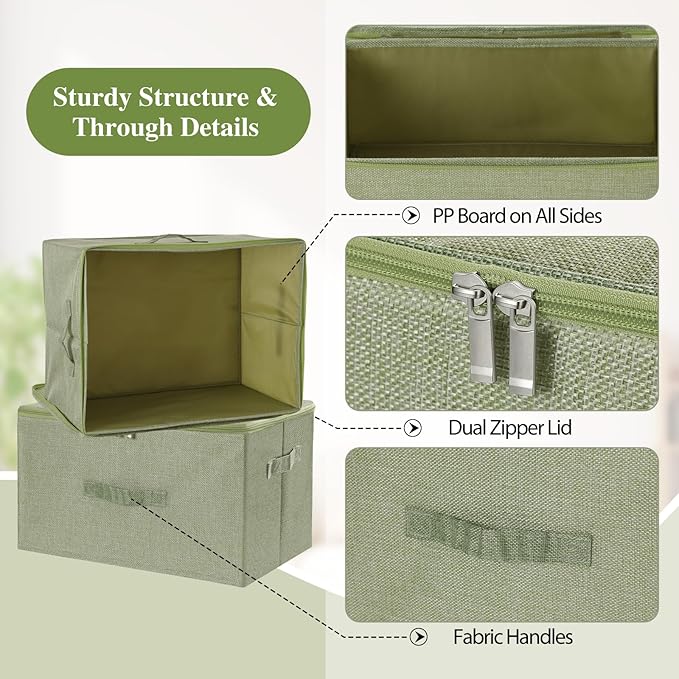 ANMINY 3PCS Storage Bins with Zipper Lids 51.9 Qt Lidded Fabric Storage Boxes Baskets Cubes with Handles Collapsible Washable Cotton Linen Closet Shelf Clothes Organizer - Green, Extra Large