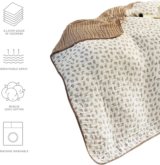 Muslin Throw Blanket 100% Cotton 6-Layer Gauze Floral Pattern Cooling Blanket Lightweight Soft Breathable Quilt for All Season Both Sides for Sofa Couch (Leaves Tan, Throw 50"x60")