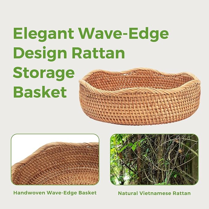 Rattan Bread Baskets Set of 3, Round Woven Serving Basket Bowls, Natural Wicker Storage Basket Key Holders Stackable for Kitchen Counter Organizing, Decorative Baskets for Snack, Fruit, Vegetable