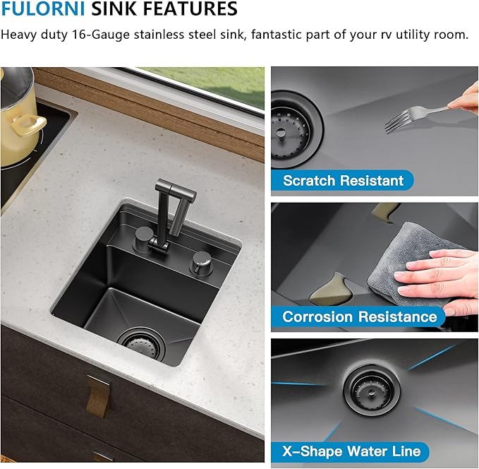 13"x15" Undermount RV Kitchen Sink – Gunmetal Black NANO-PVD, 16 Gauge 304 Stainless Steel, Single Bowl Sink Basin with Foldable Faucet for RV, Camper, Mobile Home, Wet Bar, Outdoor Kitchen