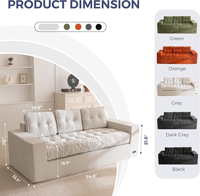 MAXYOYO Boneless Sofa Couch, 75" Oversized Loveseat Sofa, Tufted Floor Couch Bean Bag Chair for Living Room Bedroom Apartment, Sofa in a Box, No Assembly Needed, Grey