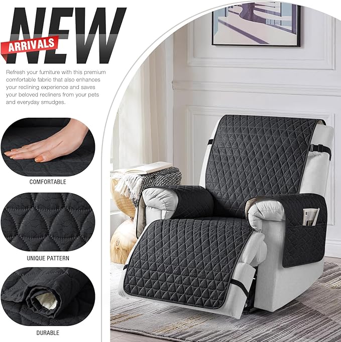 TAOCOCO 100% Waterproof Recliner Cover - Recliner Cover with Non-Slip Granule, Recliner Chair Covers with Elastic Band, Recliner Chair Covers for Reclining Chair(Black, Medium-25'')