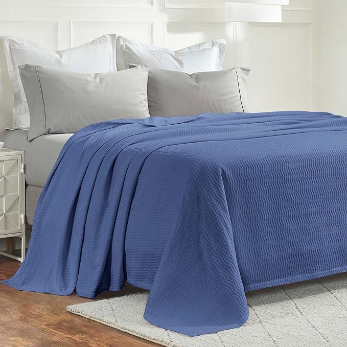 Superior JENA Cotton Blanket Picnic, Beach, Traveling or Camping, Bedroom, Essentials, Cover for Bed, Couch, Lounging, Textured Jacquard, Modern Chevron Woven Blanket, California King, Merritt Blue