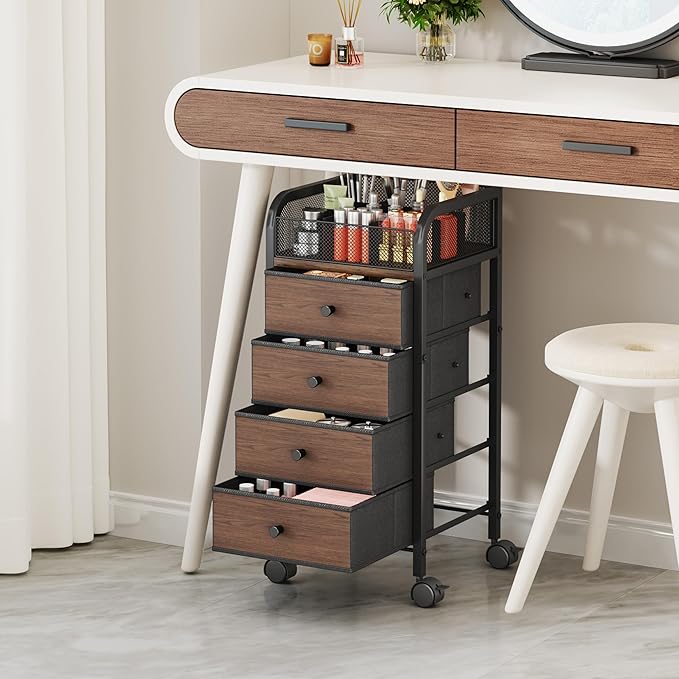 SWTYMIKI Rolling Makeup Organizer Cart - Floor Skincare Make Up Storage with 4 Non-woven Drawers, Vanity Organizer Cosmetic Display Cases Cabinet for Skin Care Perfume Nail Polish Brush Hair Tool