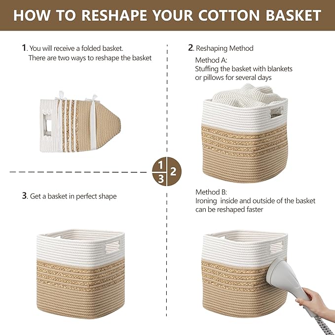 UBBCARE Set of 4 Storage Cubes 13 X 13 X 13 in, Water Hyacinth Storage Bins for Shelves, Toys, Book, Storage Baskets with Handles, Cotton Rope Woven Baskets for Organizing, Brown