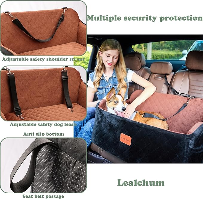 Dog Car Seat for Medium/Large Dogs,2 Clip-On Safety Leashs for 2 Small Dogs,Removable and Washable Comfy Pet Car Seat,Easy to Install and Clean (Beige, Large)