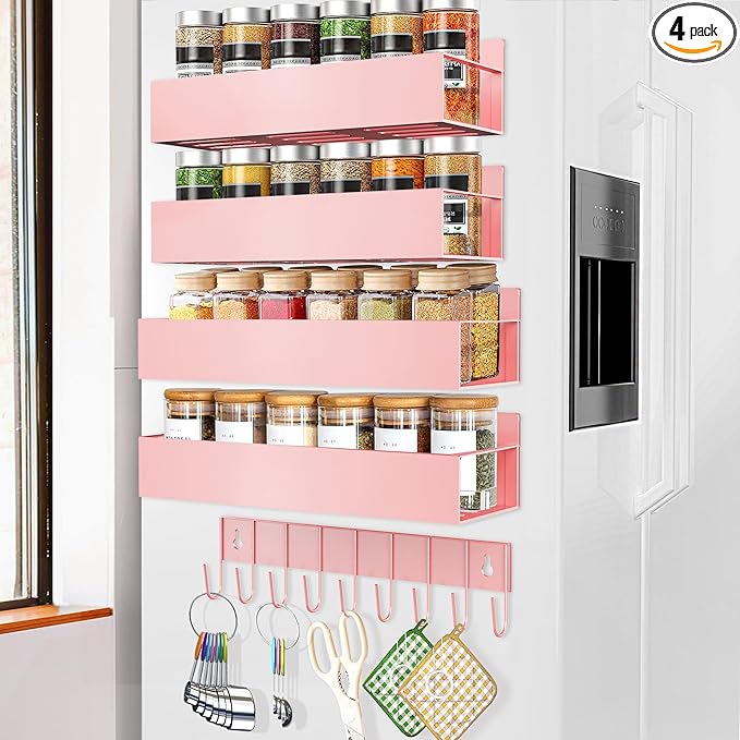 Magnetic Spice Rack for Refrigerator, 4 Pack Magnetic Shelf with 1 Hook Magnet Spice Storage Rack Seasoning Organizer with Screw for Oven Fridge(Pink, 4Rack&1Hook)