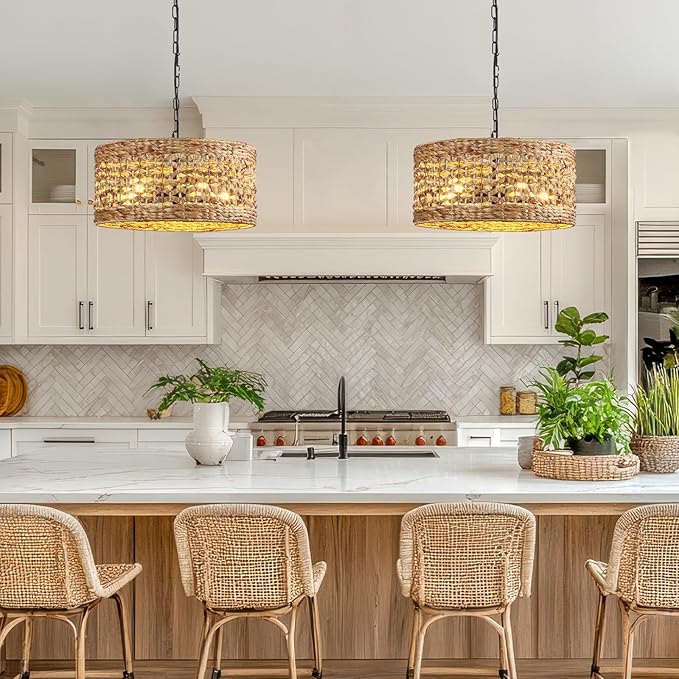 Hand Woven Rattan Pendant Light, 18" 5-Light Wicker Dining Room Light Fixtures Boho Chandelier Coastal Large Hanging Ceiling Lights Natural Lighting for Kitchen Island Living Room Bedroom